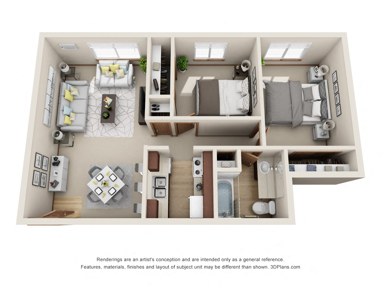 Floor plan for 2 beds, 1 bath, 792 sqft